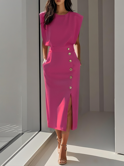 Hayden Marlene™ | Solid Midi Dress with Button Slit and Round Neckline