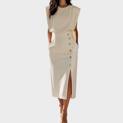 Hayden Marlene™ | Solid Midi Dress with Button Slit and Round Neckline
