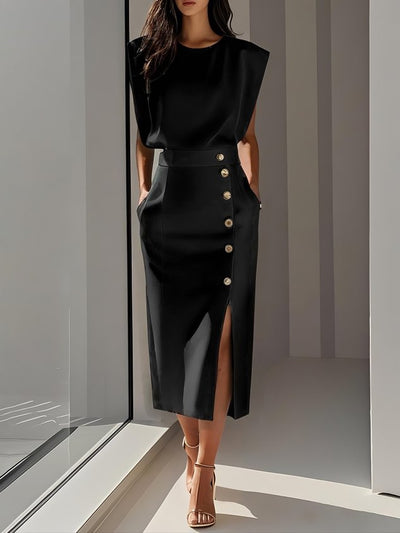 Hayden Marlene™ | Solid Midi Dress with Button Slit and Round Neckline