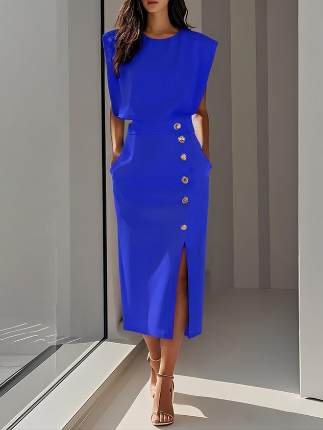 Hayden Marlene™ | Solid Midi Dress with Button Slit and Round Neckline