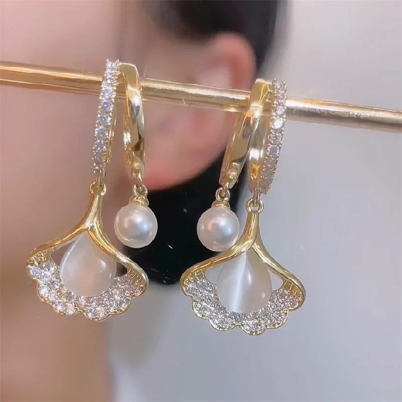 Hayden Kora | Elegant Ginkgo Leaf Moonlight Cat Eye Pearl Earrings