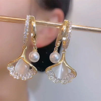 Hayden Kora | Elegant Ginkgo Leaf Moonlight Cat Eye Pearl Earrings