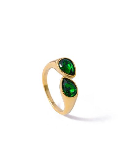 Hot Selling Colorful Zircon Crystal Double Water Droplet Head Open Ring Stainless Steel Plated Gold Plated Ring for Women