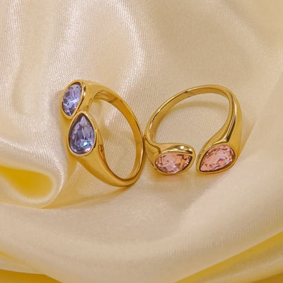 Hot Selling Colorful Zircon Crystal Double Water Droplet Head Open Ring Stainless Steel Plated Gold Plated Ring for Women