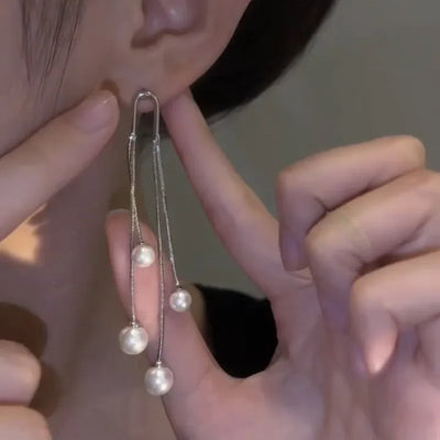 Hayden Tass | Long Silver Color Tassel Pearl Earrings