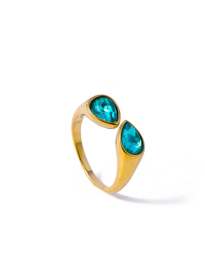 Hot Selling Colorful Zircon Crystal Double Water Droplet Head Open Ring Stainless Steel Plated Gold Plated Ring for Women