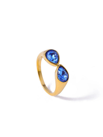 Hot Selling Colorful Zircon Crystal Double Water Droplet Head Open Ring Stainless Steel Plated Gold Plated Ring for Women