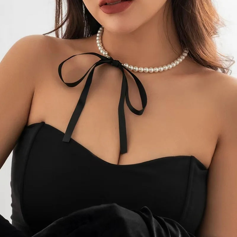 Hayden Lynn | Wedding Party White Imitation Pearl Choker Necklace Fashion Bow Tie Long Ribbon Necklace Personality Simple Jewelry