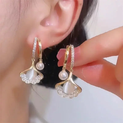 Hayden Kora | Elegant Ginkgo Leaf Moonlight Cat Eye Pearl Earrings