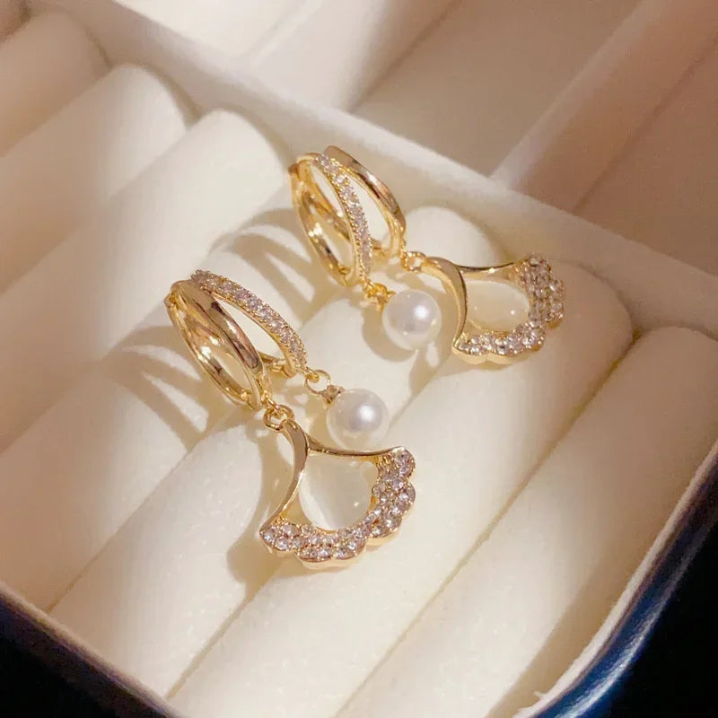 Hayden Kora | Elegant Ginkgo Leaf Moonlight Cat Eye Pearl Earrings