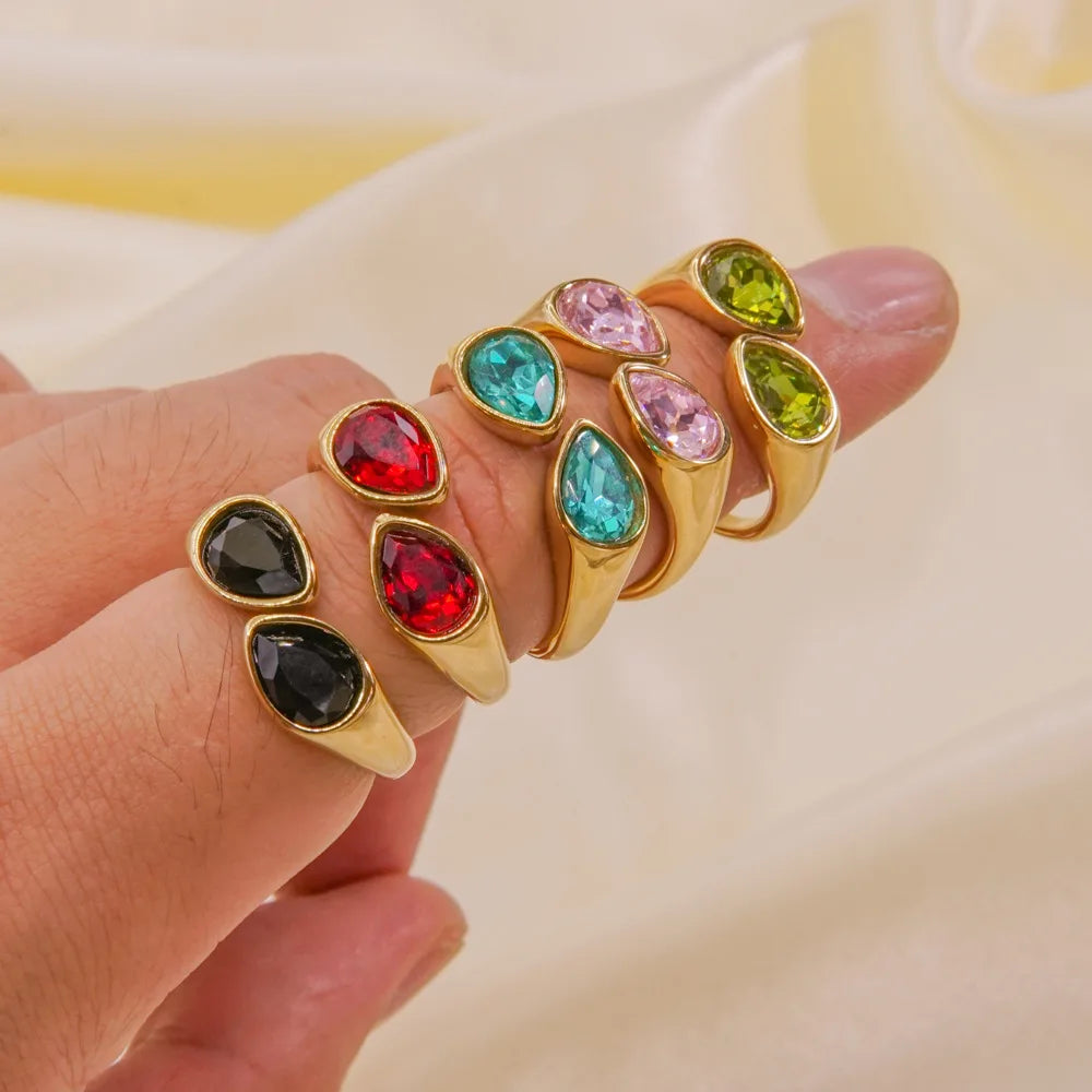 Hot Selling Colorful Zircon Crystal Double Water Droplet Head Open Ring Stainless Steel Plated Gold Plated Ring for Women