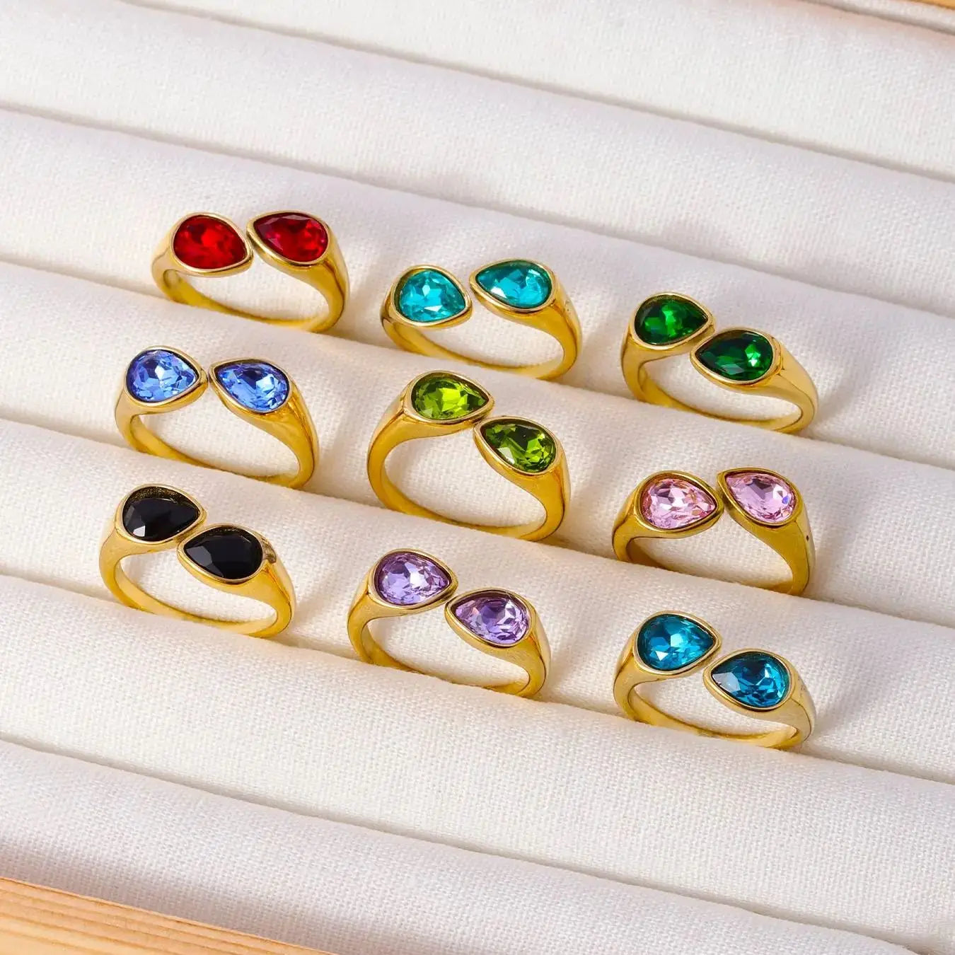 Hot Selling Colorful Zircon Crystal Double Water Droplet Head Open Ring Stainless Steel Plated Gold Plated Ring for Women