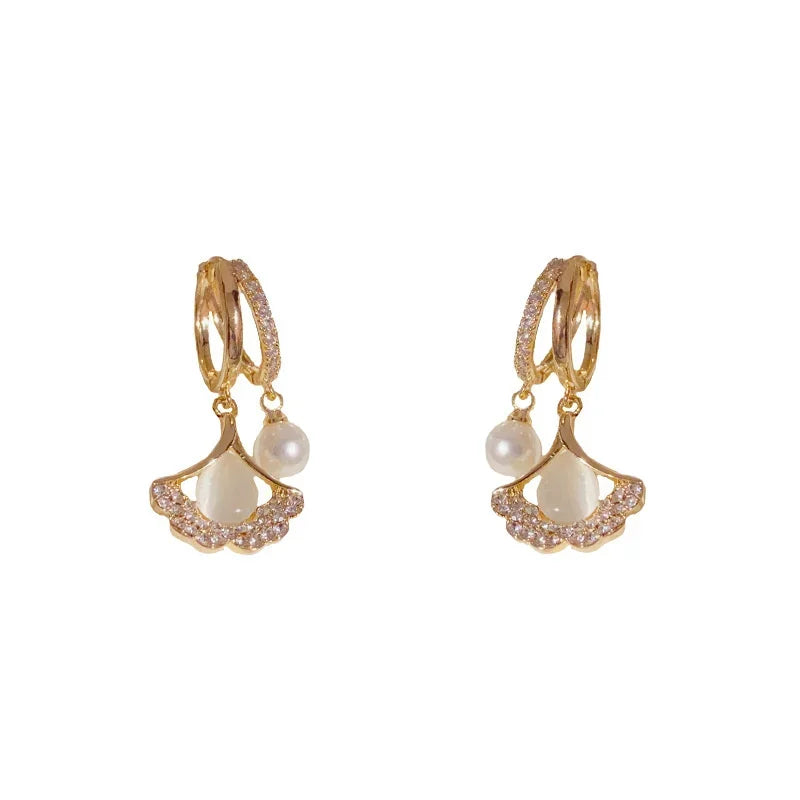 Hayden Kora | Elegant Ginkgo Leaf Moonlight Cat Eye Pearl Earrings