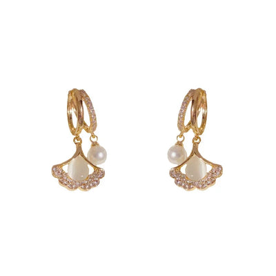 Hayden Kora | Elegant Ginkgo Leaf Moonlight Cat Eye Pearl Earrings