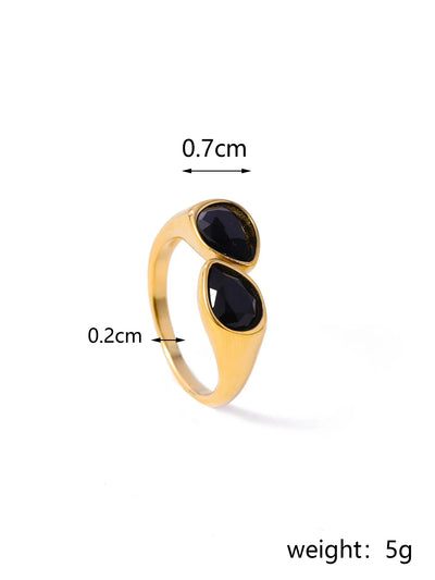 Hot Selling Colorful Zircon Crystal Double Water Droplet Head Open Ring Stainless Steel Plated Gold Plated Ring for Women