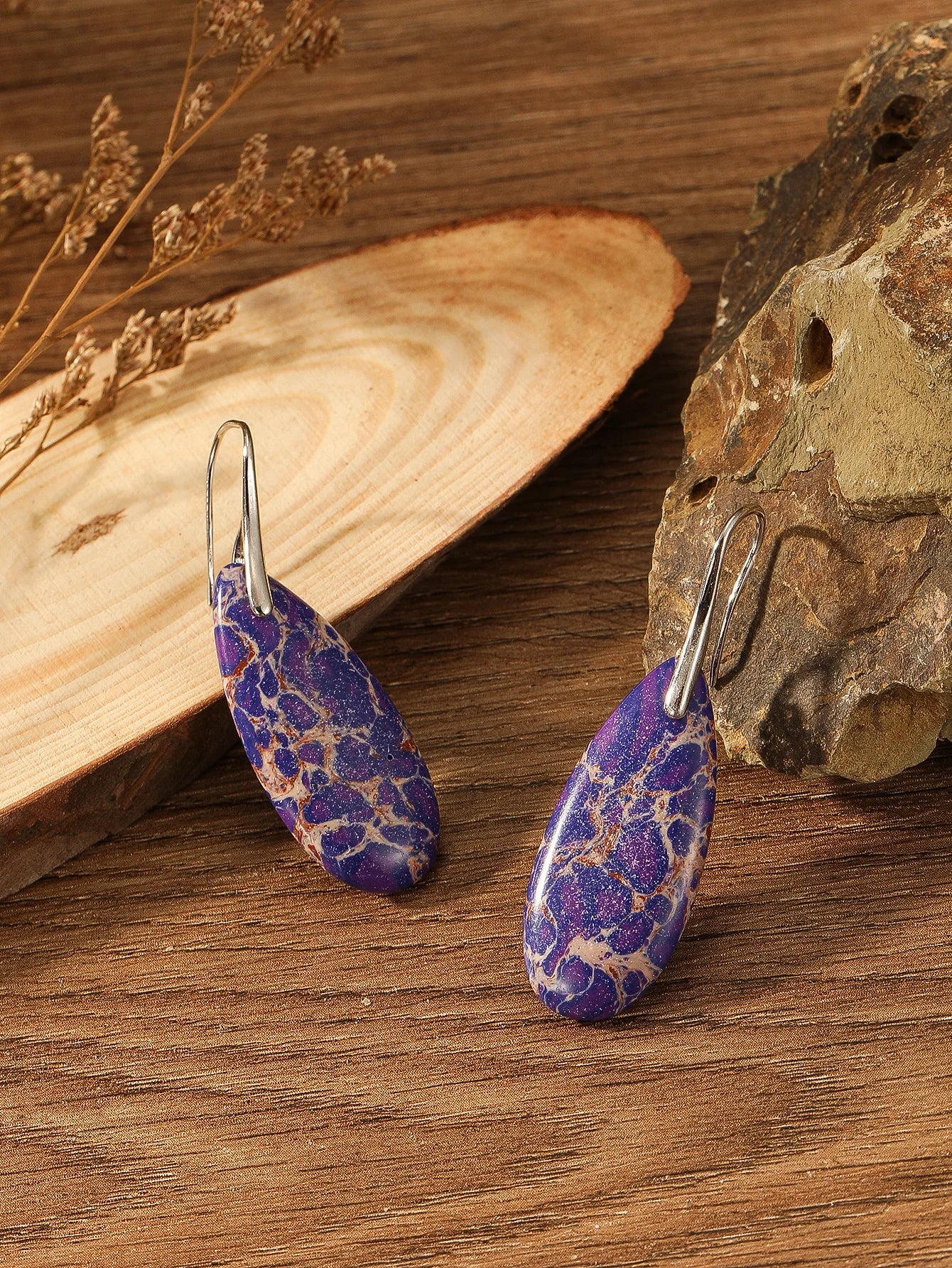 Delicate Boho Silver Color Earrings for Women Teardrop Jaspers Women Oval Red Natural Stone Dangle Jewelry