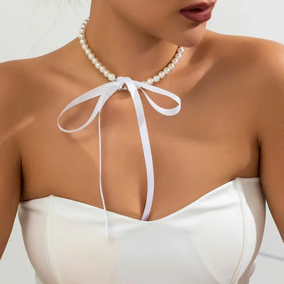 Hayden Lynn | Wedding Party White Imitation Pearl Choker Necklace Fashion Bow Tie Long Ribbon Necklace Personality Simple Jewelry