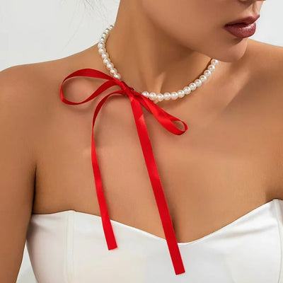 Hayden Lynn | Wedding Party White Imitation Pearl Choker Necklace Fashion Bow Tie Long Ribbon Necklace Personality Simple Jewelry