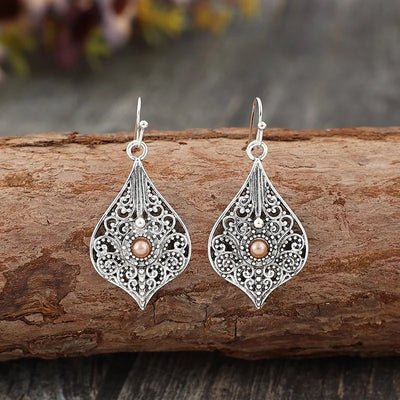 Hayden Eth | Silver Color Round Brown Stone Hook Earrings Vintage Metal Carving Hollow Spiral Pattern Dangle Earrings for Women