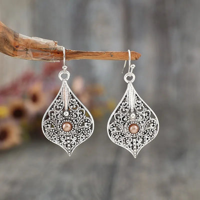 Hayden Eth | Silver Color Round Brown Stone Hook Earrings Vintage Metal Carving Hollow Spiral Pattern Dangle Earrings for Women