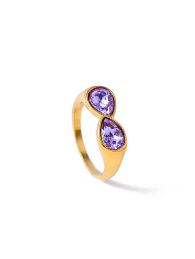 Hot Selling Colorful Zircon Crystal Double Water Droplet Head Open Ring Stainless Steel Plated Gold Plated Ring for Women
