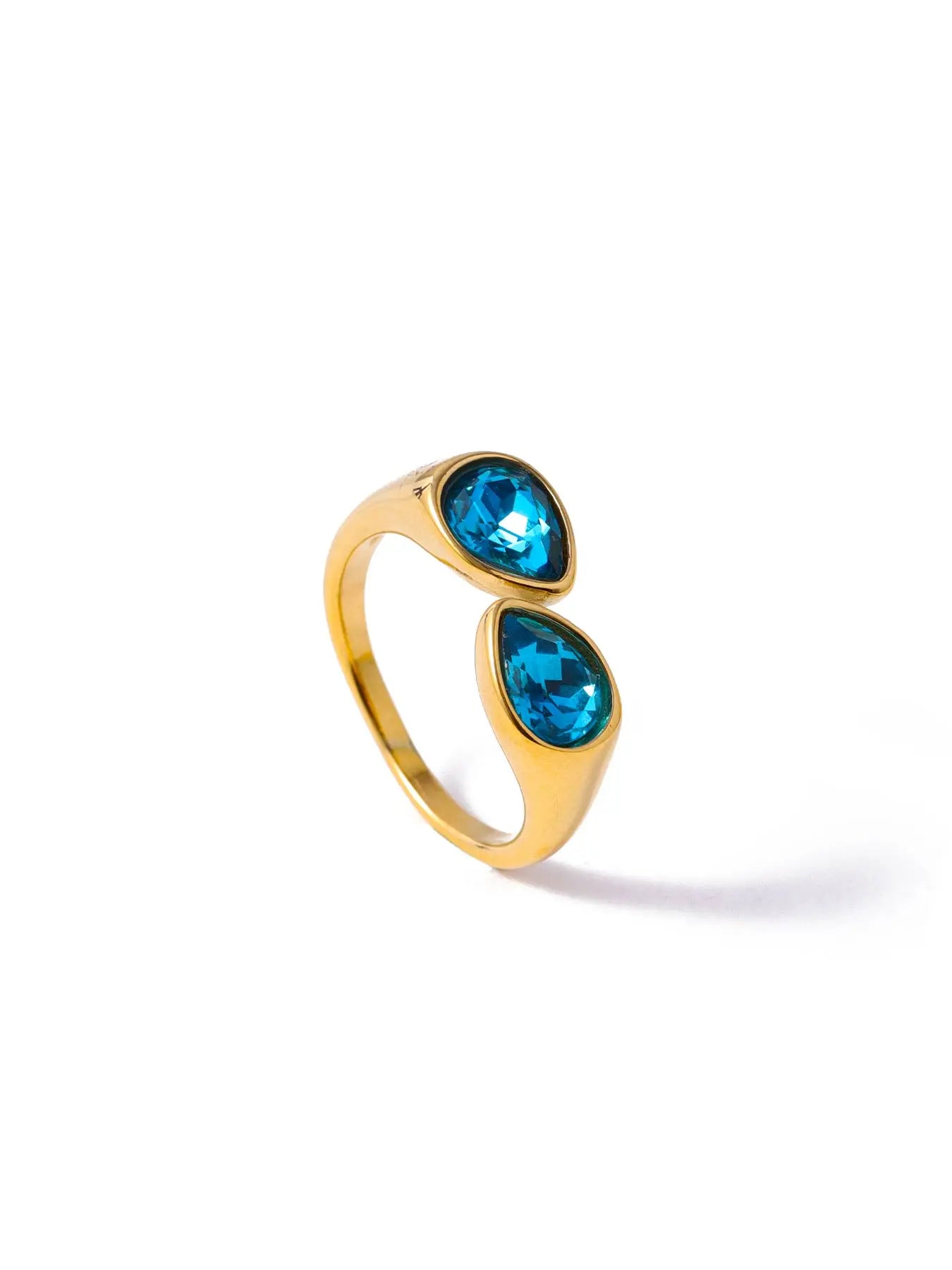 Hot Selling Colorful Zircon Crystal Double Water Droplet Head Open Ring Stainless Steel Plated Gold Plated Ring for Women