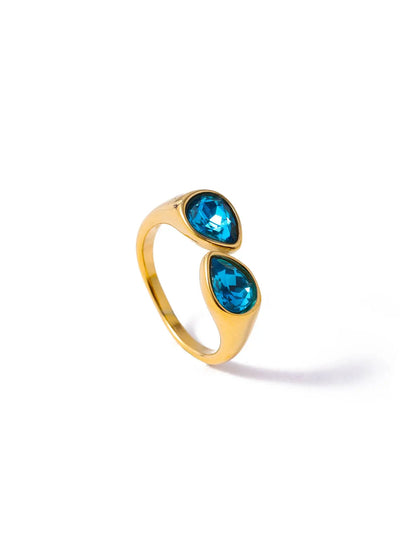 Hot Selling Colorful Zircon Crystal Double Water Droplet Head Open Ring Stainless Steel Plated Gold Plated Ring for Women