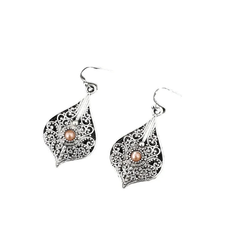 Hayden Eth | Silver Color Round Brown Stone Hook Earrings Vintage Metal Carving Hollow Spiral Pattern Dangle Earrings for Women