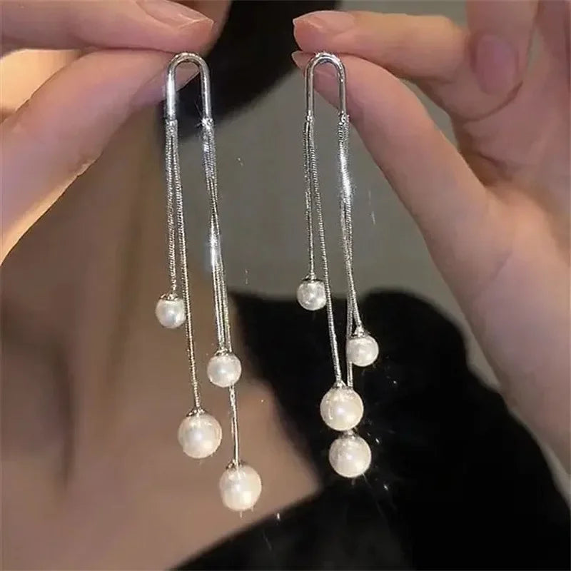 Hayden Tass | Long Silver Color Tassel Pearl Earrings