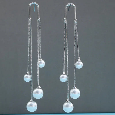 Hayden Tass | Long Silver Color Tassel Pearl Earrings