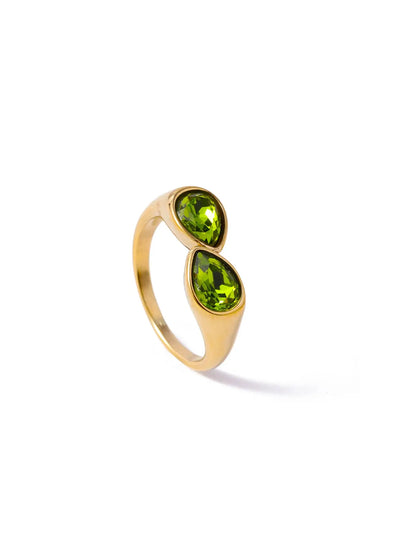Hot Selling Colorful Zircon Crystal Double Water Droplet Head Open Ring Stainless Steel Plated Gold Plated Ring for Women