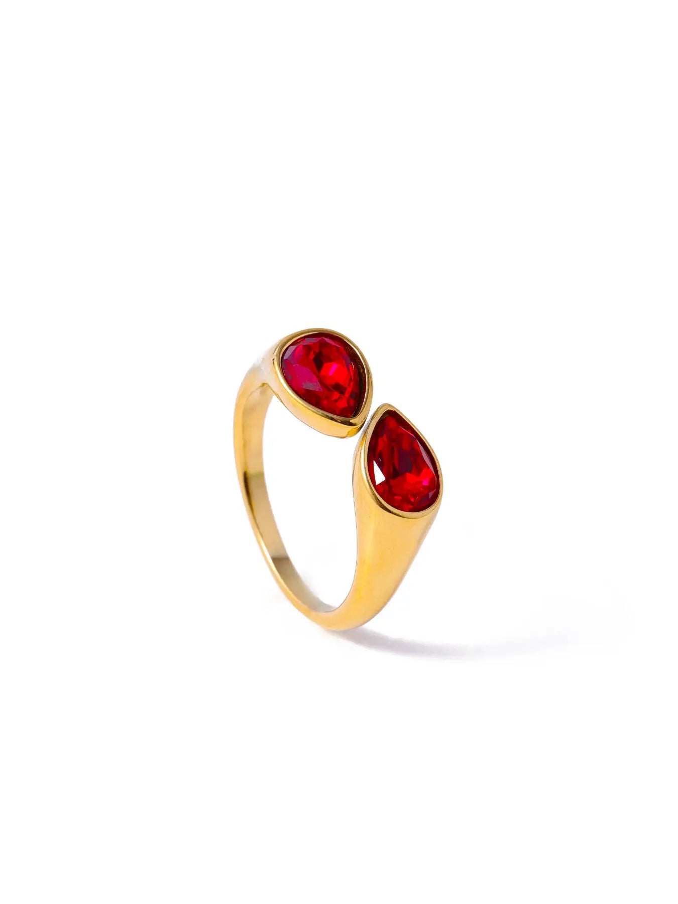 Hot Selling Colorful Zircon Crystal Double Water Droplet Head Open Ring Stainless Steel Plated Gold Plated Ring for Women
