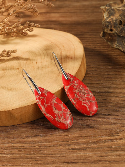 Delicate Boho Silver Color Earrings for Women Teardrop Jaspers Women Oval Red Natural Stone Dangle Jewelry
