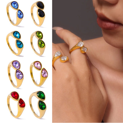 Hot Selling Colorful Zircon Crystal Double Water Droplet Head Open Ring Stainless Steel Plated Gold Plated Ring for Women