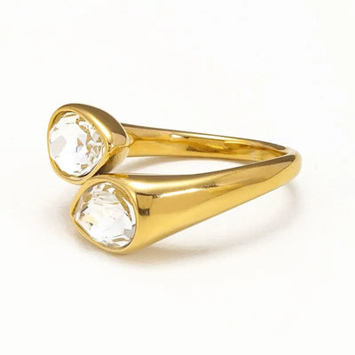 Hot Selling Colorful Zircon Crystal Double Water Droplet Head Open Ring Stainless Steel Plated Gold Plated Ring for Women