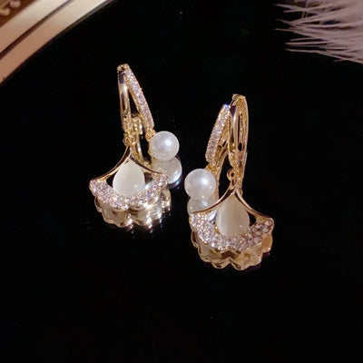 Hayden Kora | Elegant Ginkgo Leaf Moonlight Cat Eye Pearl Earrings