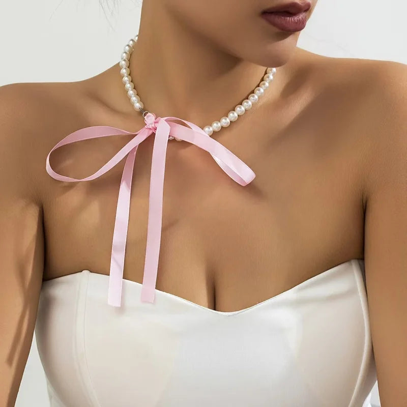 Hayden Lynn | Wedding Party White Imitation Pearl Choker Necklace Fashion Bow Tie Long Ribbon Necklace Personality Simple Jewelry