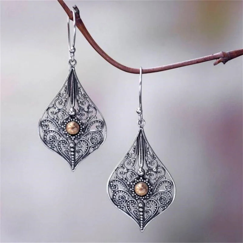 Hayden Eth | Silver Color Round Brown Stone Hook Earrings Vintage Metal Carving Hollow Spiral Pattern Dangle Earrings for Women
