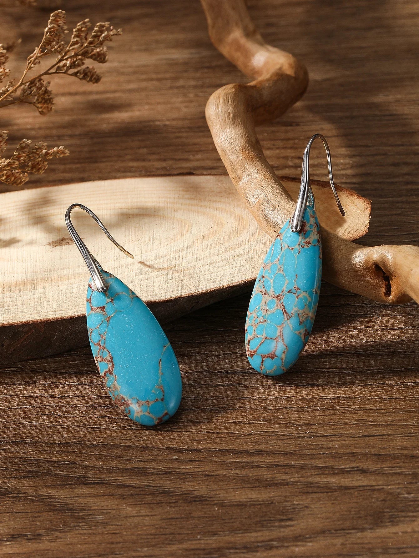 Delicate Boho Silver Color Earrings for Women Teardrop Jaspers Women Oval Red Natural Stone Dangle Jewelry