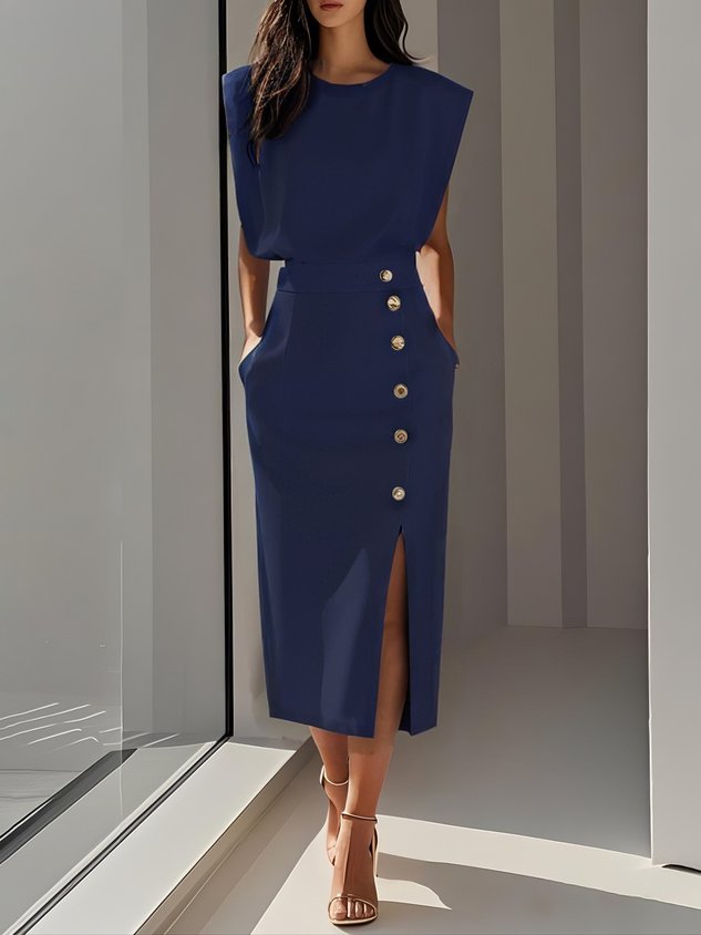 Hayden Marlene™ | Solid Midi Dress with Button Slit and Round Neckline