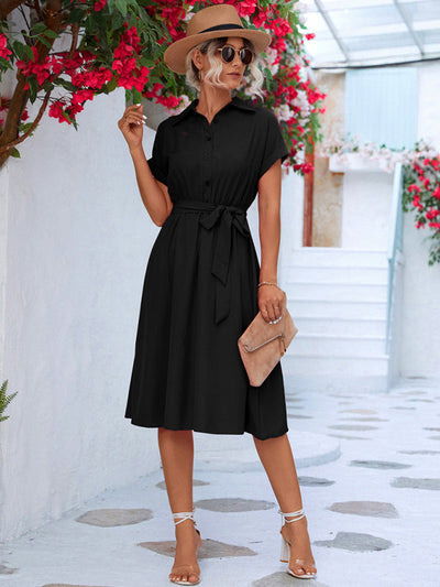 Hayden Britany - Button-Up Shirt Dress with Waist Tie