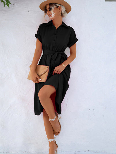 Hayden Britany - Button-Up Shirt Dress with Waist Tie