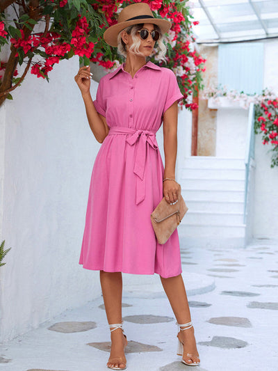 Hayden Britany - Button-Up Shirt Dress with Waist Tie